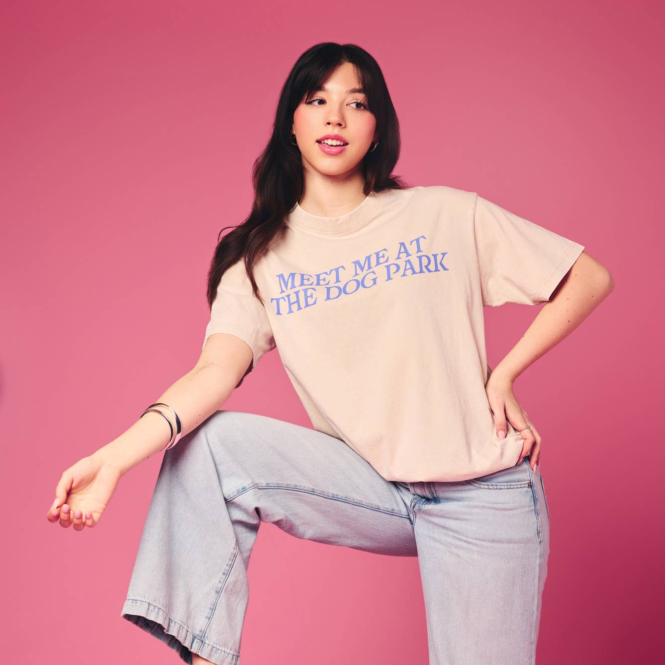 Meet Me at the Dog Park Tee - Cream with Blue Text